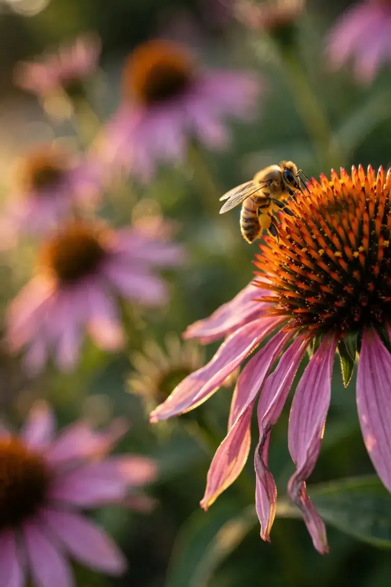 Honeybee gathering pollen on a purple coneflower bloom