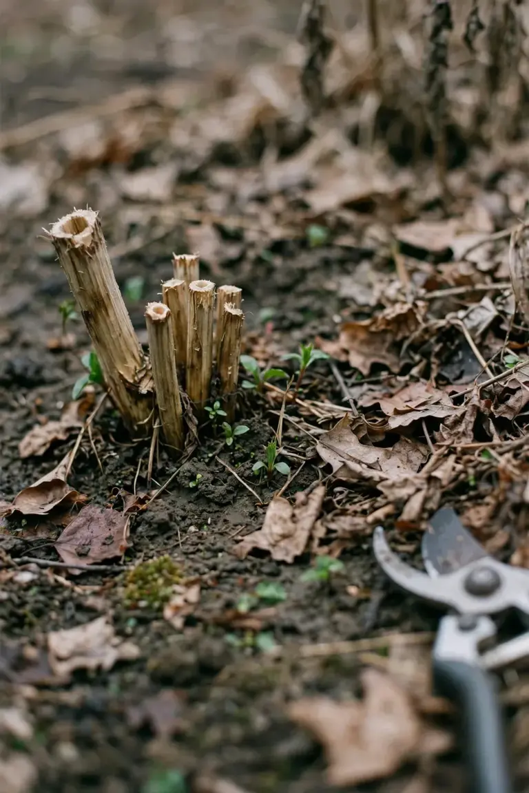 Cut coneflower stems trimmed to the crown in late winter with shears nearby