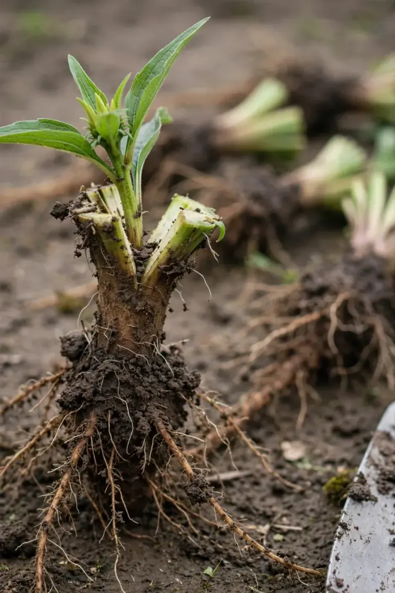 Divided echinacea crown with fibrous roots resting on dark garden soil