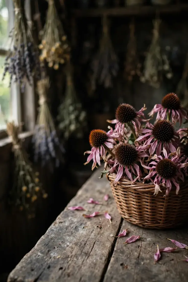 Woven basket of dried purple coneflower heads on a weathered wooden table