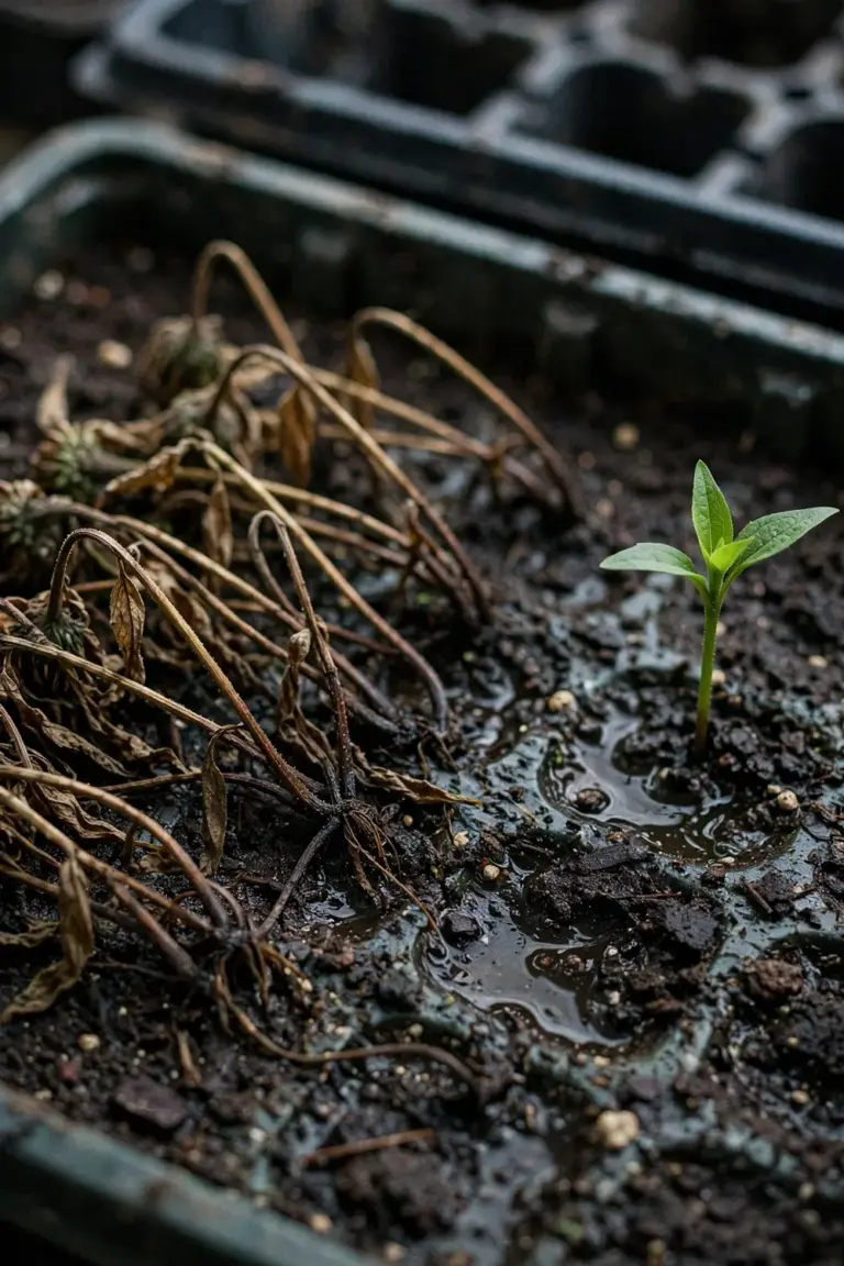 Seed tray with collapsed damped-off seedlings beside healthy sprouts
