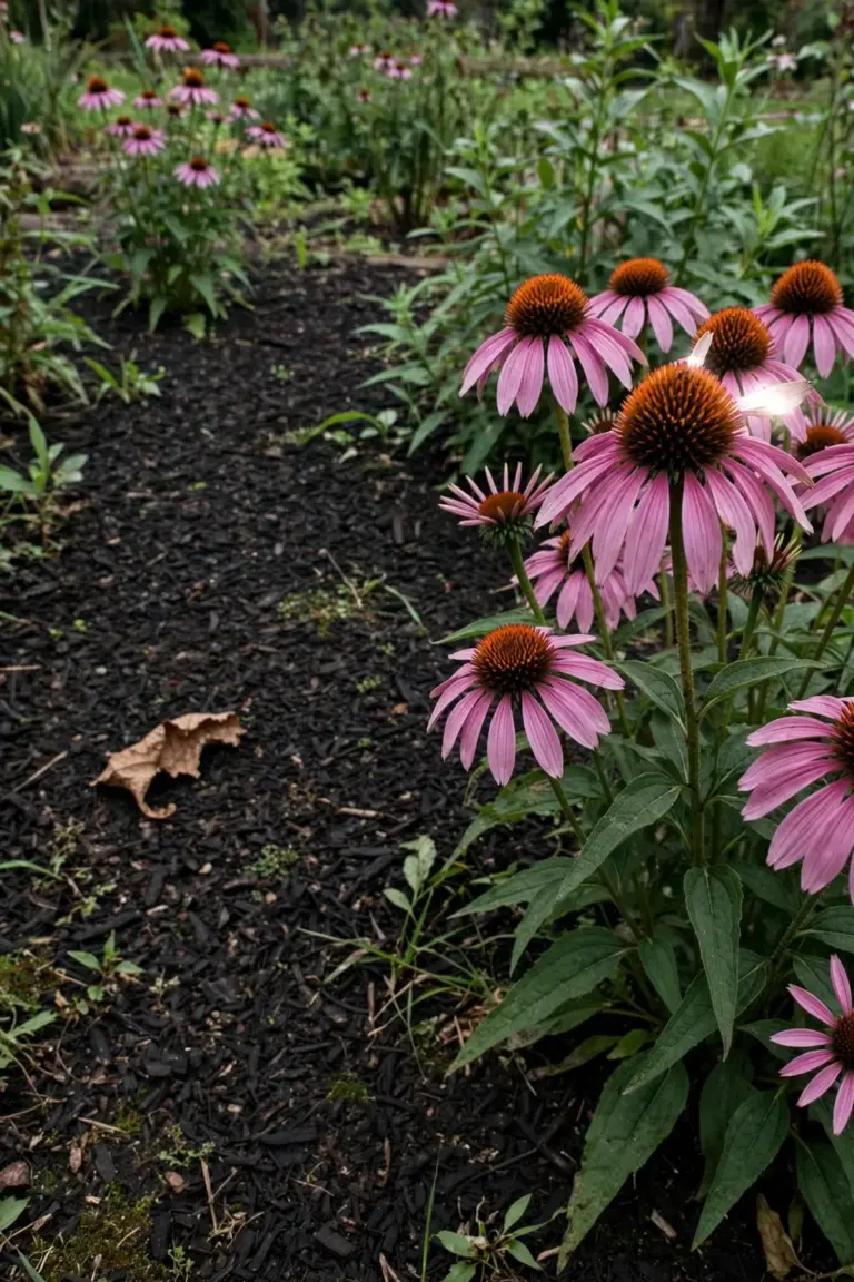 Garden bed with purple coneflower clumps in full bloom under bright overcast sky