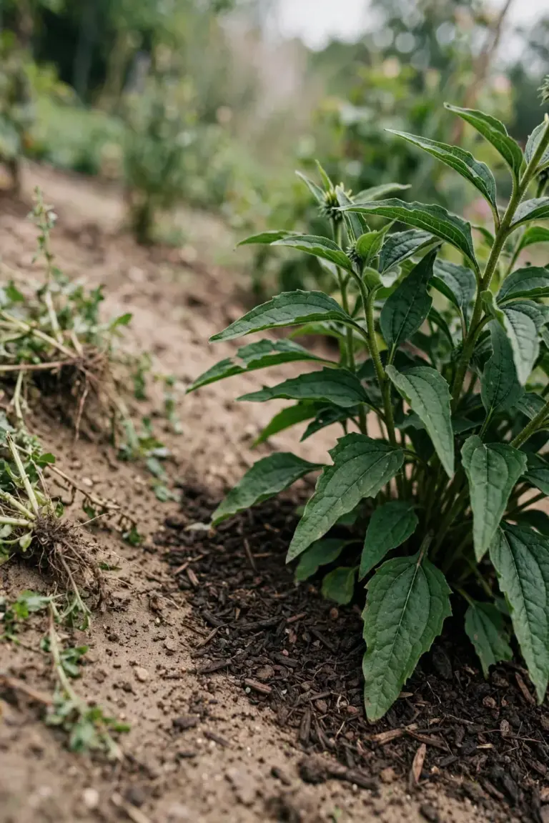 Coneflower clump in lean mulched soil with a thin compost top-dressing