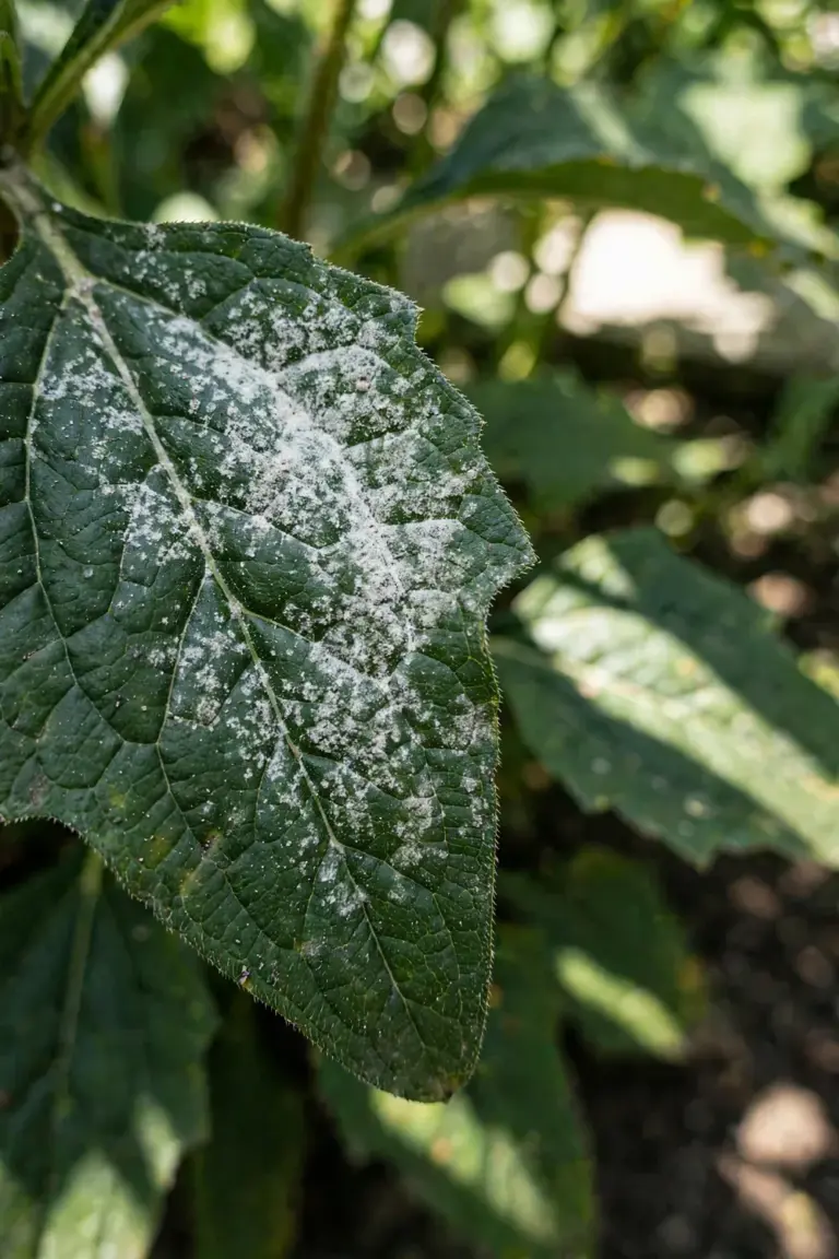 Echinacea leaf dusted with white powdery mildew in close-up