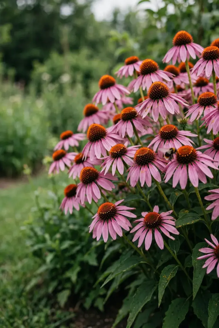 Second-year purple coneflowers blooming densely from seed in the garden