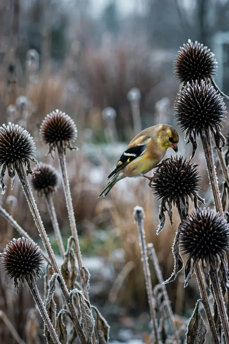 Dried coneflower seed heads standing in winter with a goldfinch perched