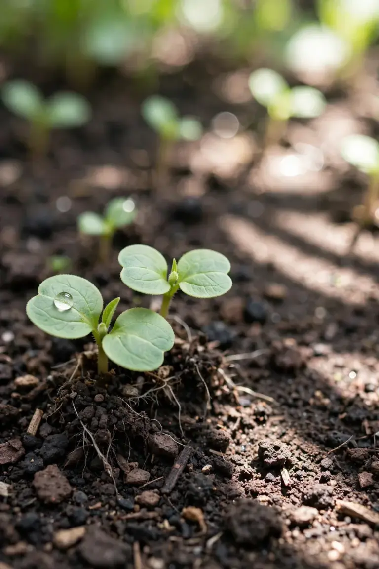 Newly sprouted echinacea seedlings with rounded cotyledons on moist soil