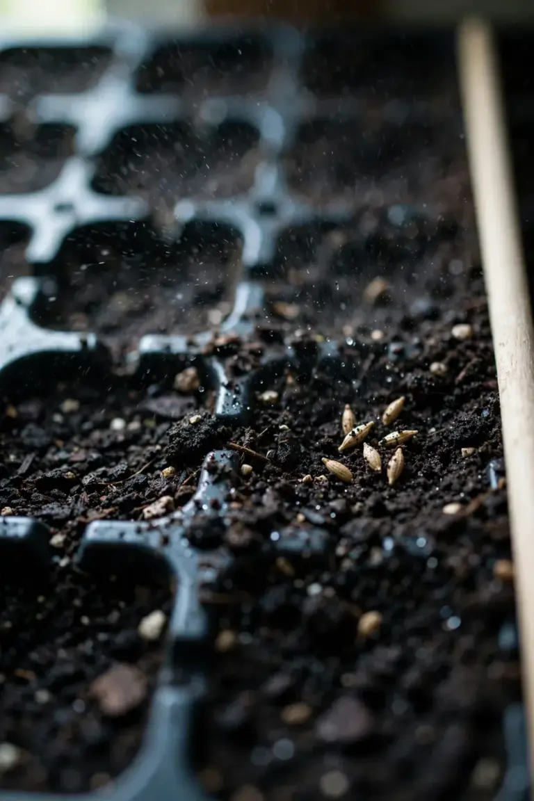 Echinacea seeds pressed into dark moist seed-starting mix in a tray