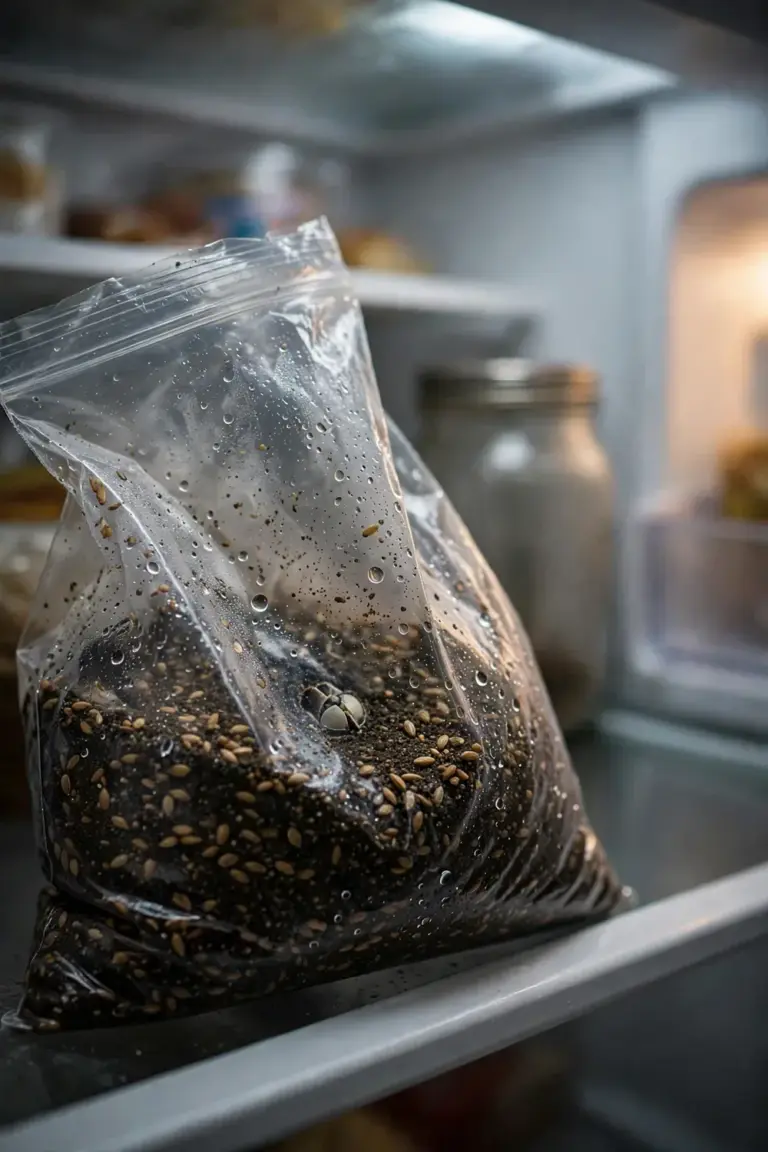 Echinacea seeds in damp sand inside a sealed bag chilling in a refrigerator
