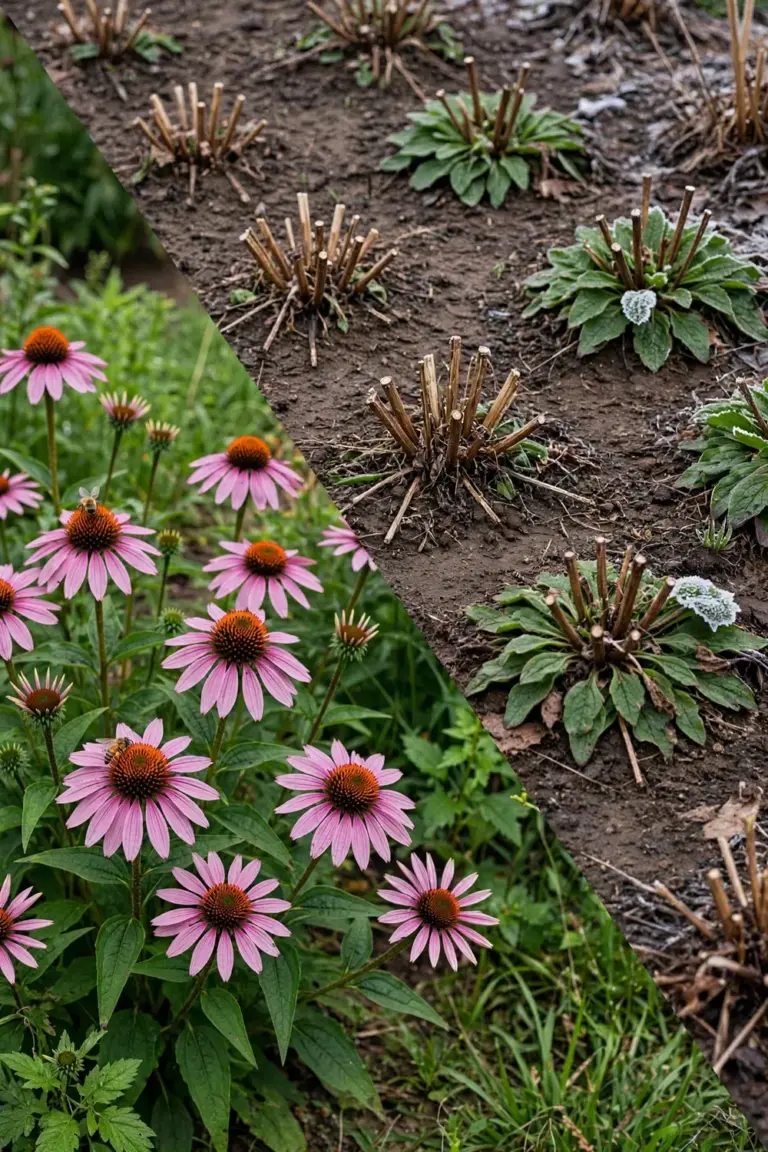 Summer coneflower bed in bloom beside the same bed dormant in winter