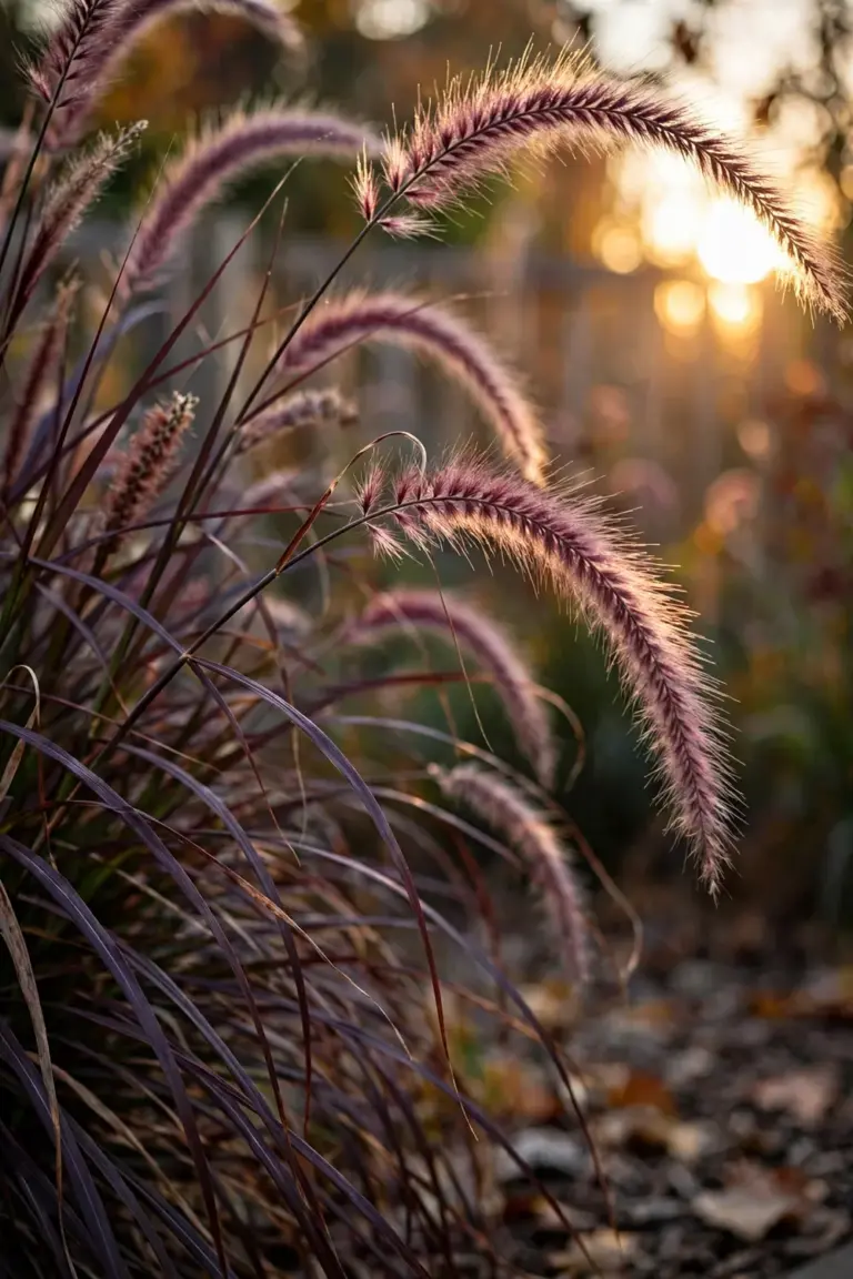 Purple fountain grass plumes glowing backlit above burgundy blades