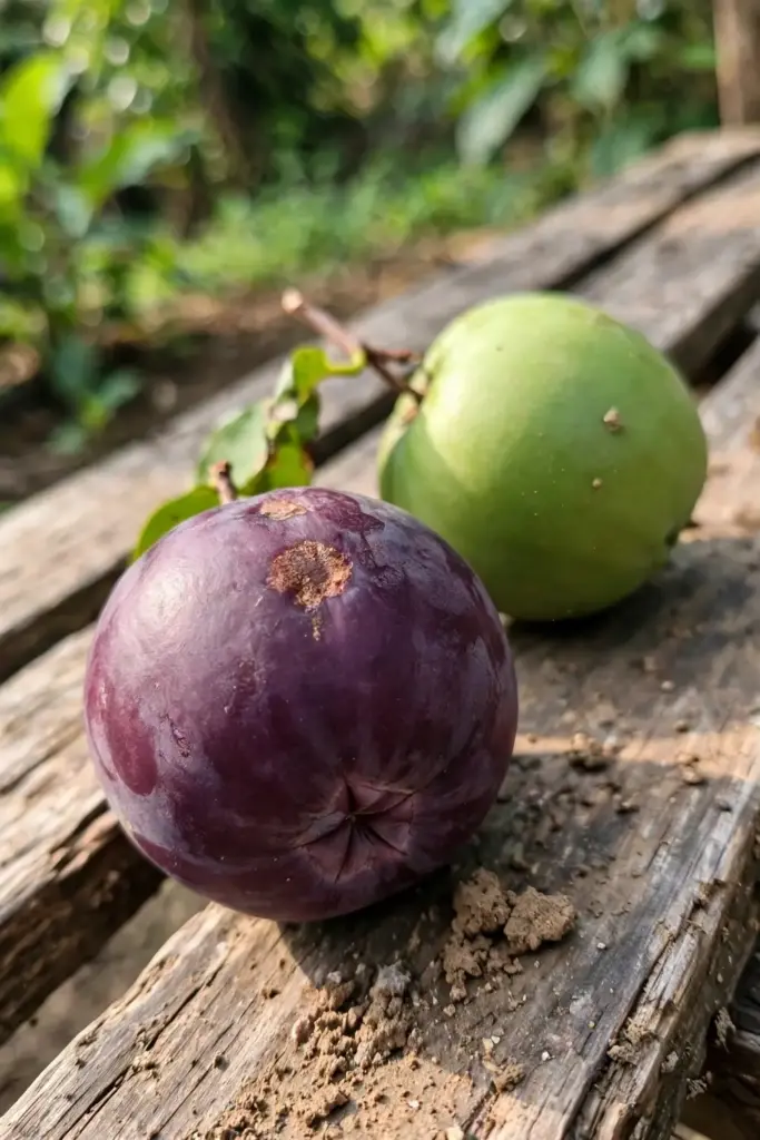 Purple and green star apple fruits side by side on a wooden bench