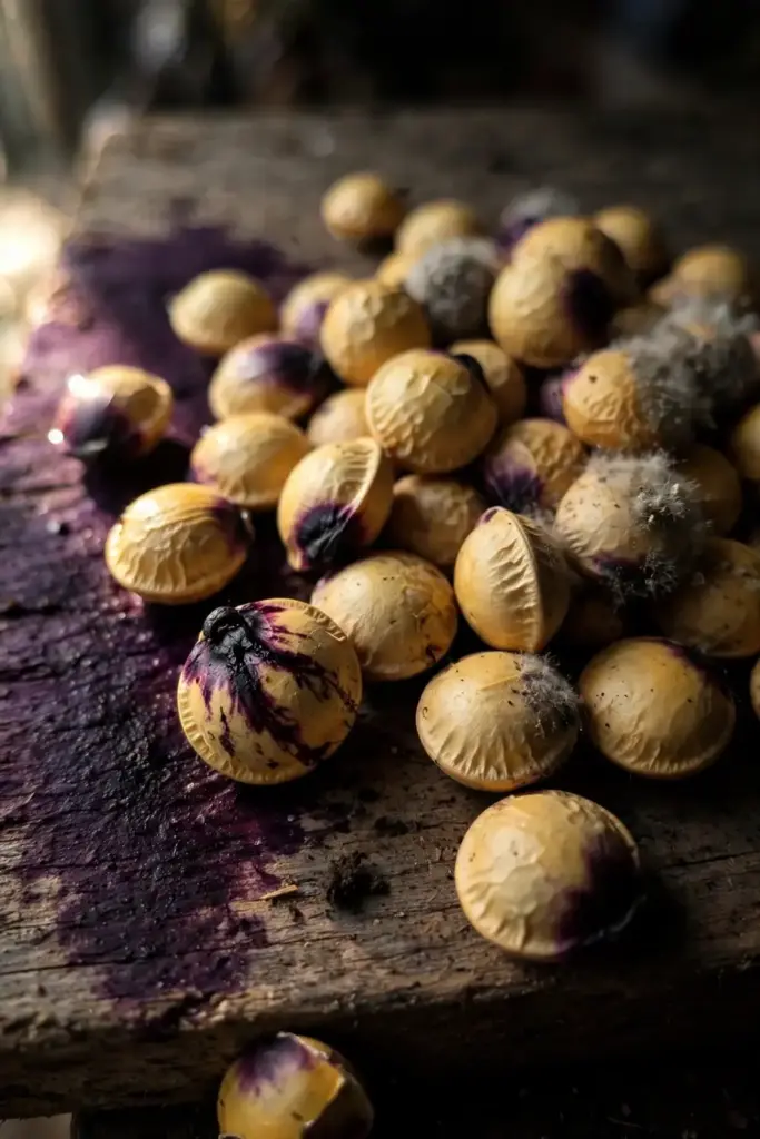 Close-up of soybean seeds with deep purple stain spreading from the hilum