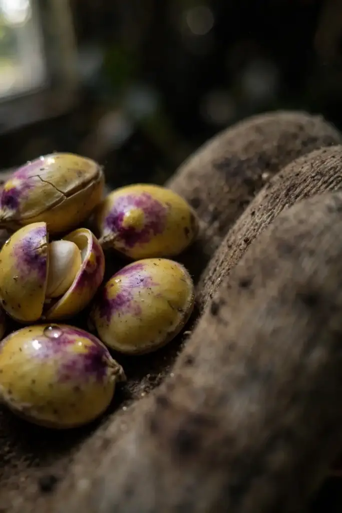 Purple-stained soybean seeds resting in a worn garden mitt