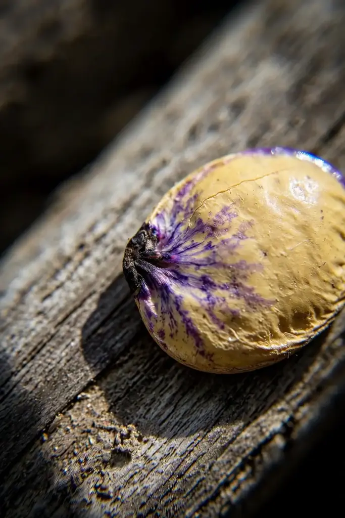 Single soybean seed with purple stain radiating from the hilum