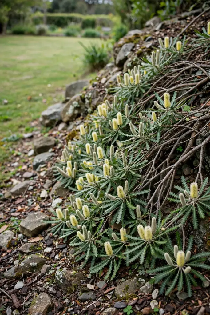 Prostrate pygmy possum banksia mat with silver-yellow spikes on a rockery bank