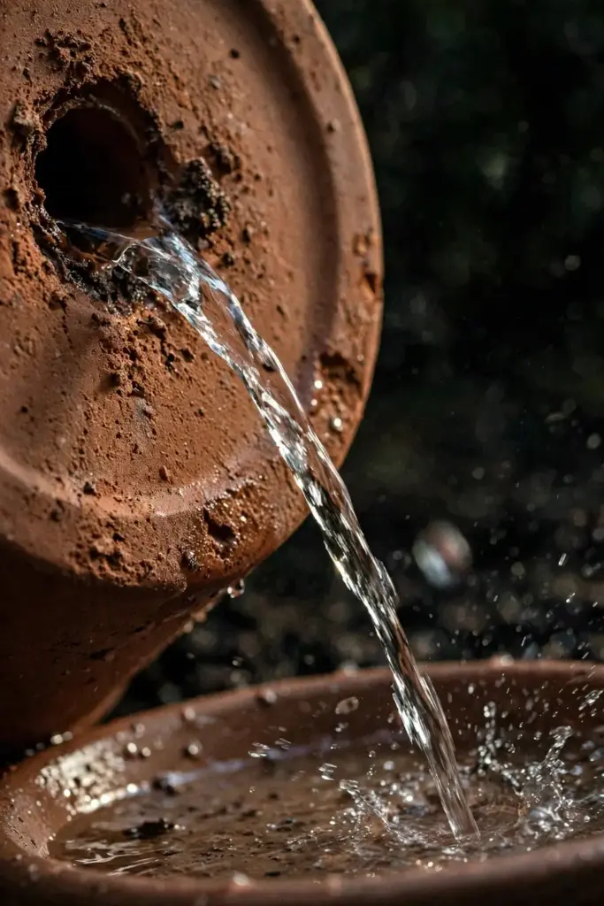 Extreme macro of water draining freely from a pot drainage hole.