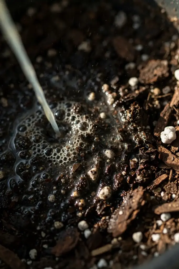 Extreme macro of fungicide drench soaking into potting mix surface.