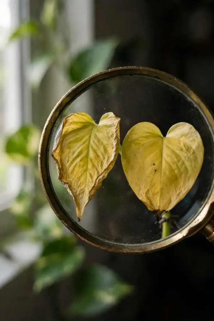 Yellowing pothos leaves inspected through a magnifying glass.