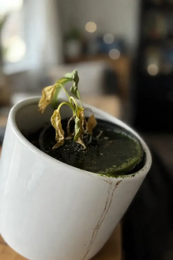 Decorative pot without drainage holding water around a struggling plant.