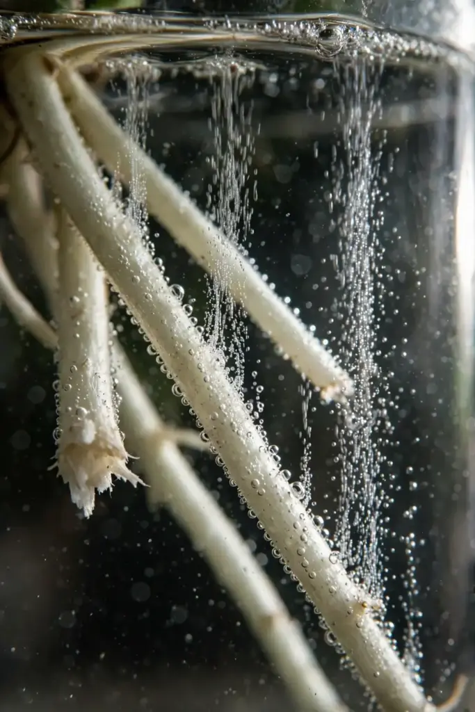 Extreme macro of trimmed roots soaking in fizzing peroxide solution.