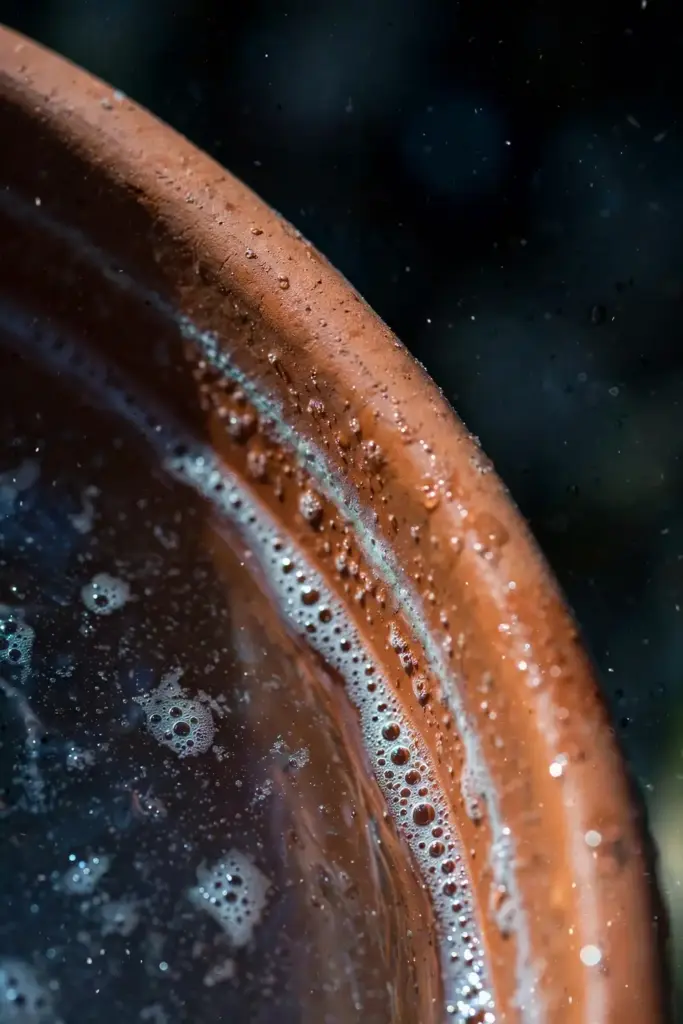 Extreme macro of terracotta pot soaking in disinfecting bleach solution.