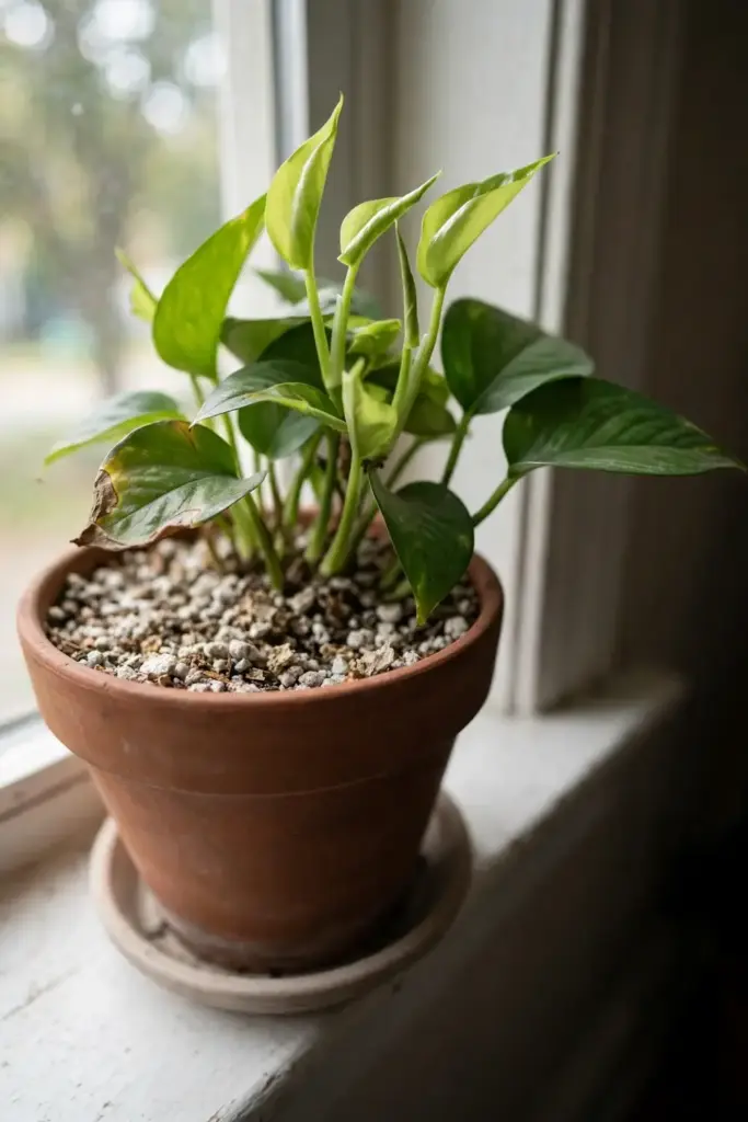 Recovered pothos with fresh green growth on a bright windowsill.