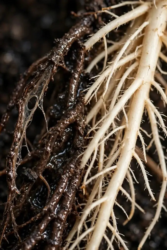 Extreme macro comparing mushy rotted roots beside firm healthy roots.