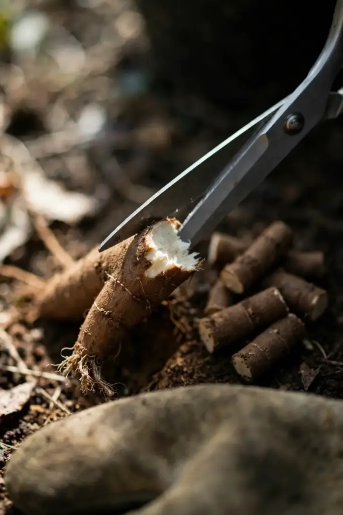 Scissors trimming brown rotted roots held in a gloved hand.
