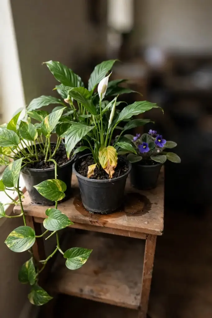 Pothos, peace lily, and African violet grouped together on a plant stand.