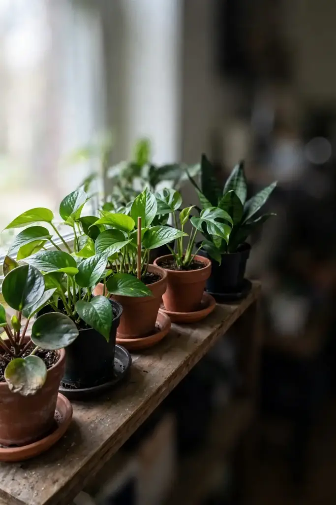 Thriving houseplant shelf with well-spaced healthy green plants.