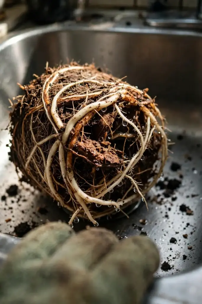 Rinsed houseplant root ball assessed in a gloved hand over a sink.