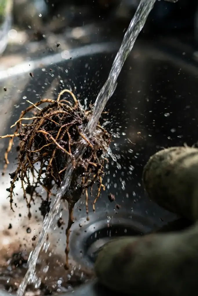 Houseplant roots rinsed under running tap water in a gloved hand.
