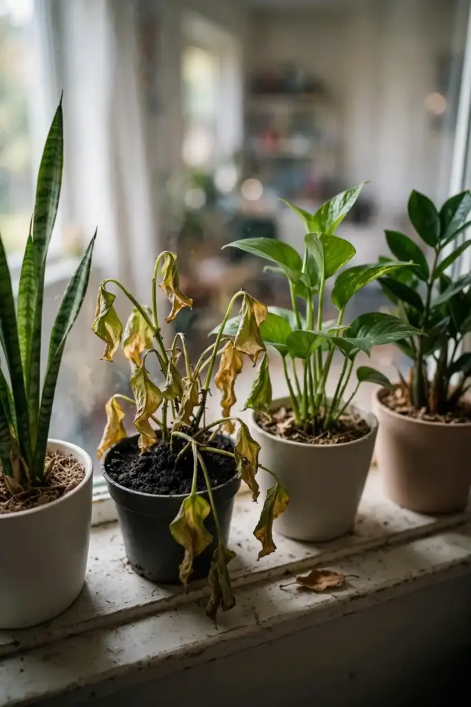 Row of houseplants with one wilted pothos among healthy green plants.