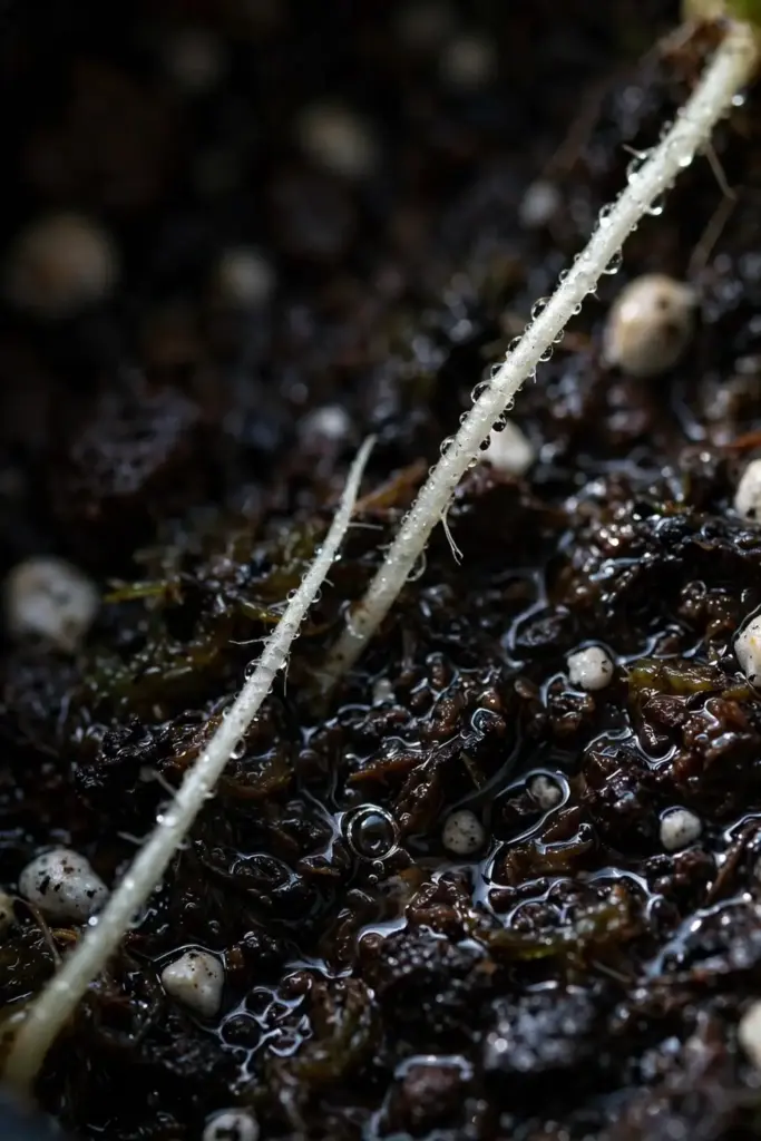 Extreme macro of water film on saturated potting mix around root tips.