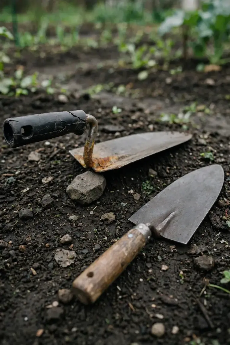 Bent cheap trowel lying next to a straight forged trowel on soil