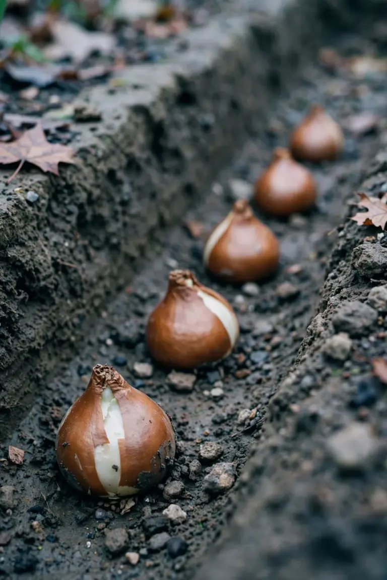 'Queen of Night' tulip bulbs with papery brown skins resting in a shallow soil trench