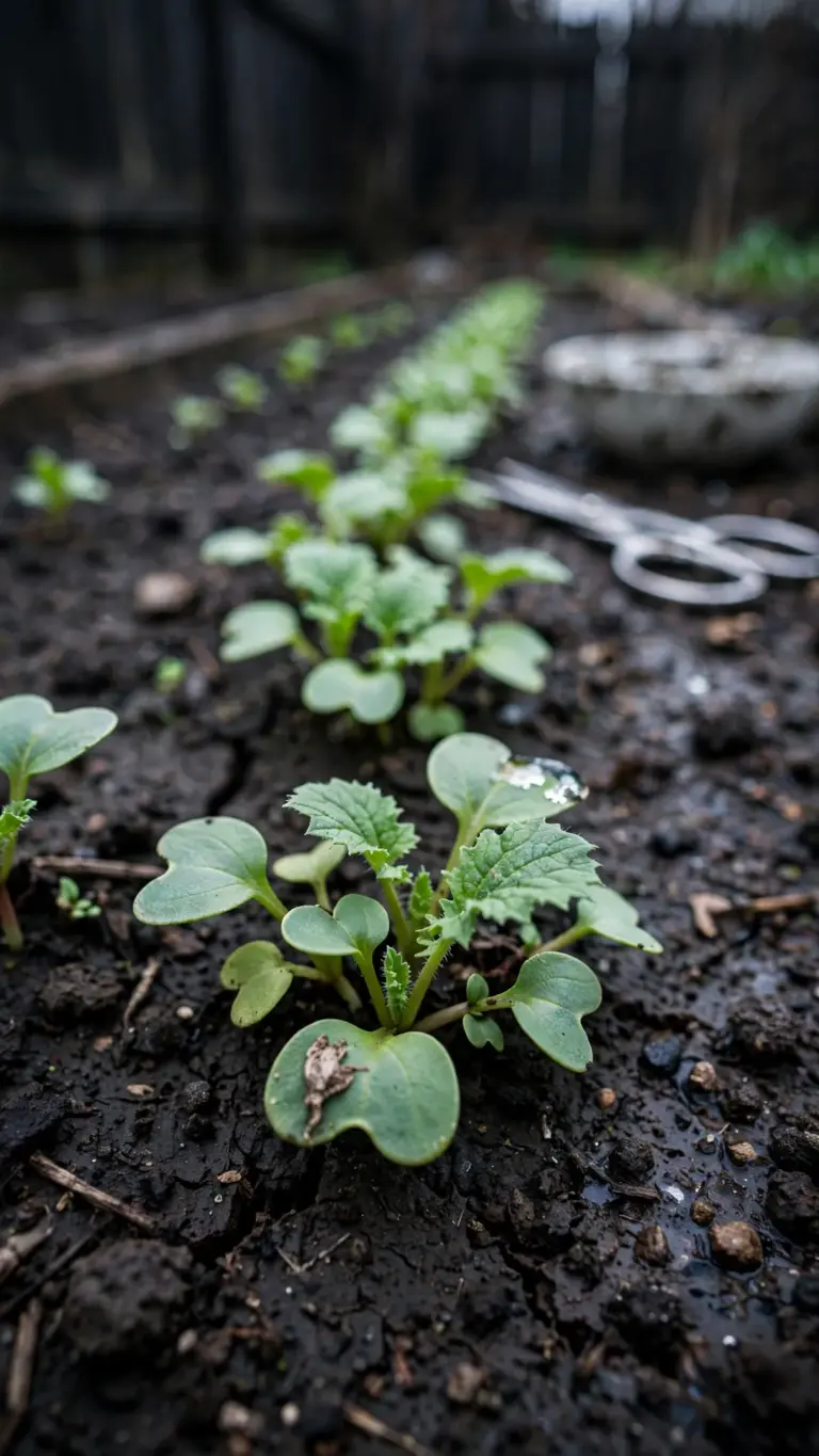 Close-up of radish seedlings with rounded leaves in dark soil