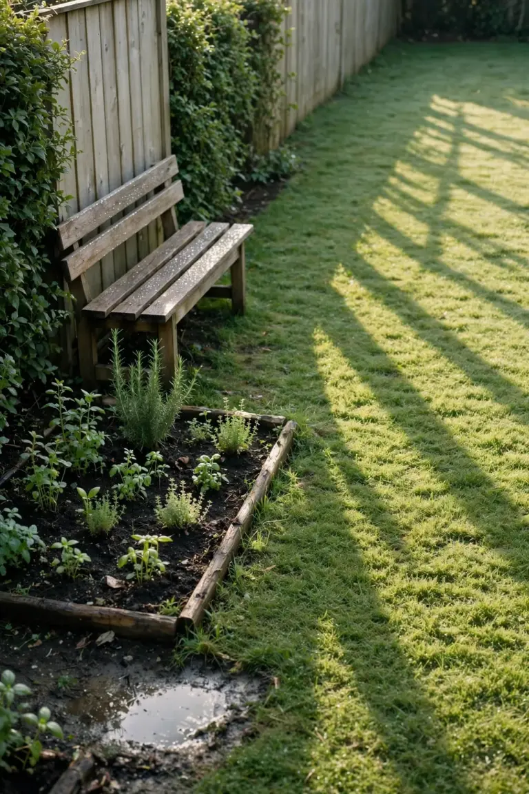 A quiet garden corner in morning sun with young herb beds, a bench and a hedge behind