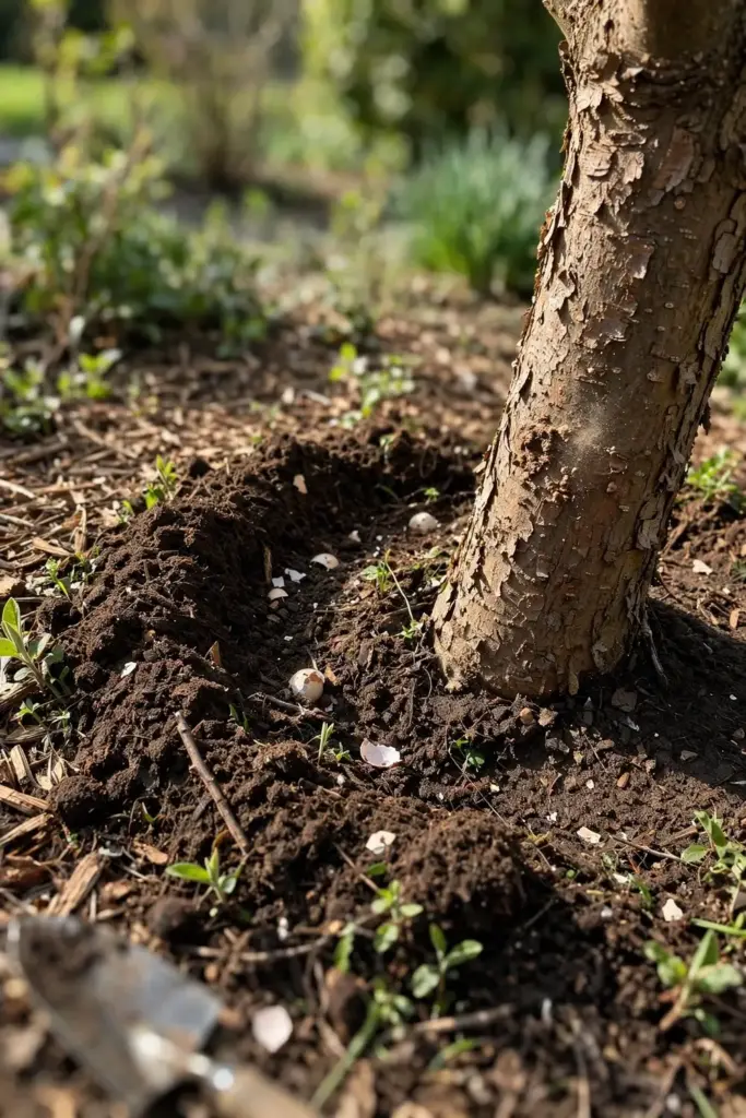 Compost side-dress spread around the base of a quince tree