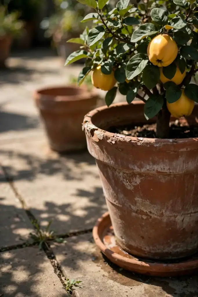 Compact quince tree growing in a large terracotta pot on a sunny patio