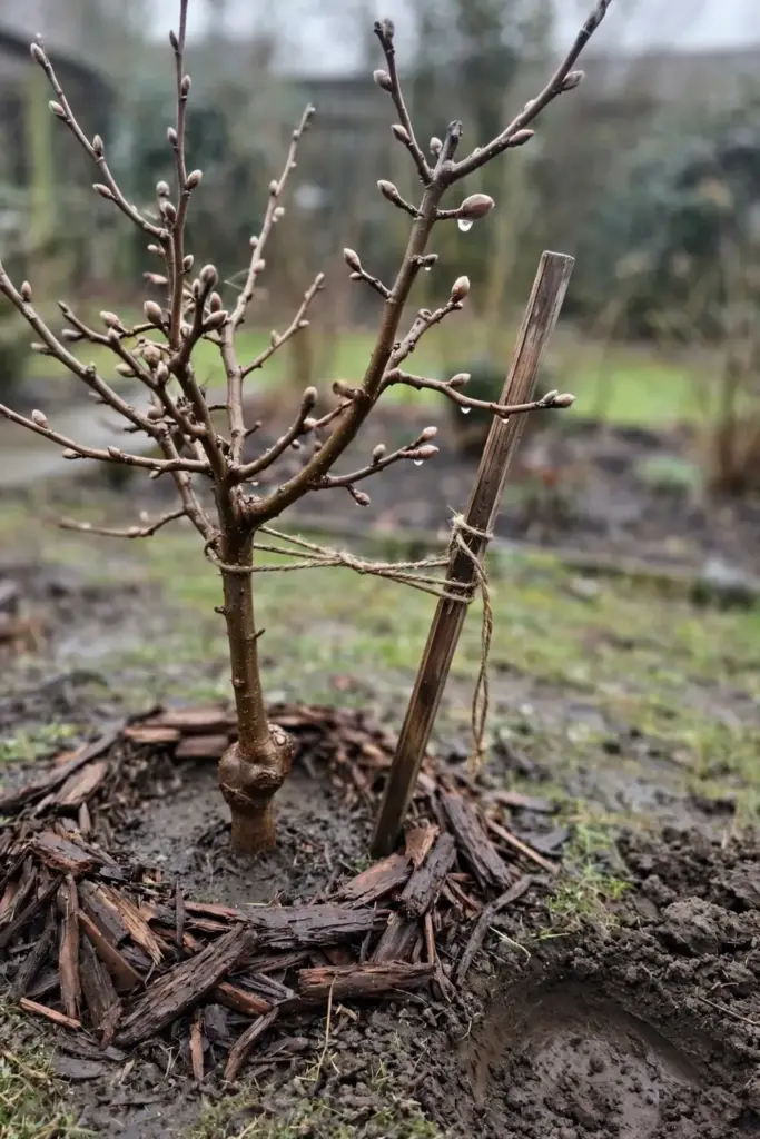 Newly planted dormant quince tree with stake and mulch ring