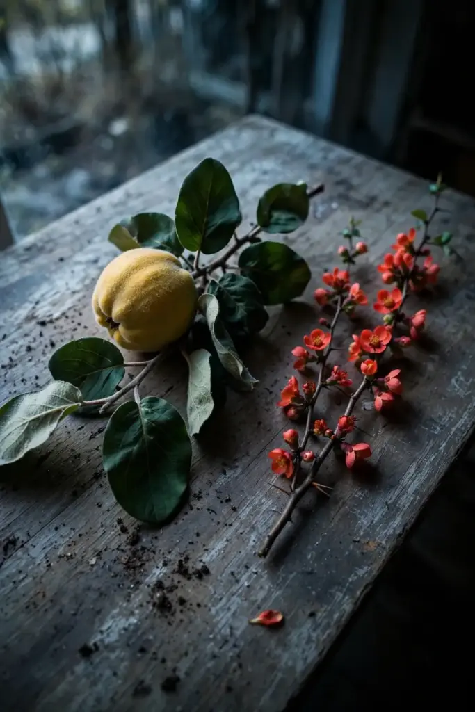 Quince branch with golden fruit beside a flowering quince branch with blossoms