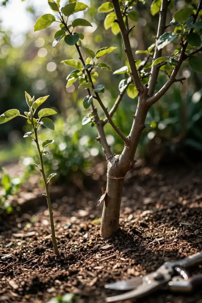 Grafted quince tree with visible graft union beside a smaller seedling