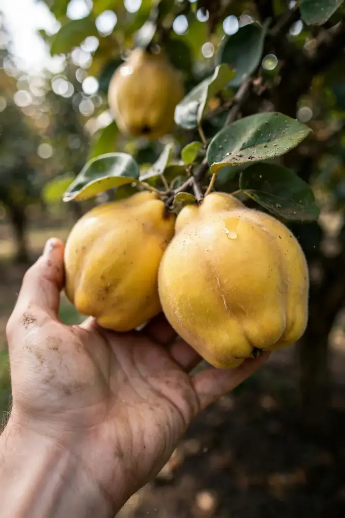 Hand cradling golden ripe quinces still on the branch at harvest