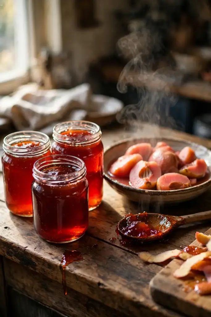 Quince jelly jars and cooked pink quince in a rustic kitchen
