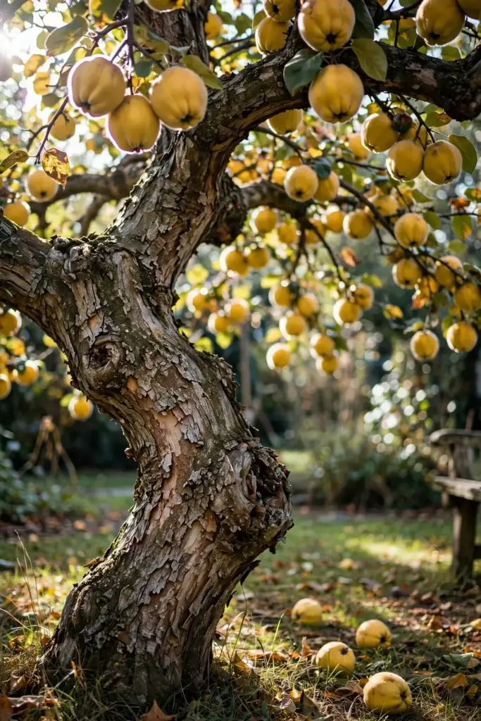 Mature quince tree heavy with golden fruit in late autumn