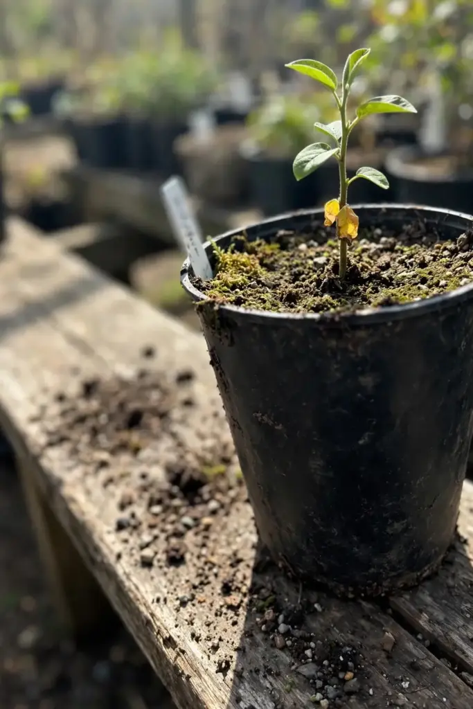Young quince seedling growing in a deep pot on a nursery bench