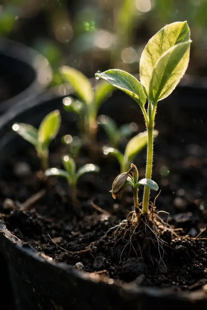 Quince seedlings pushing through dark soil in deep pots