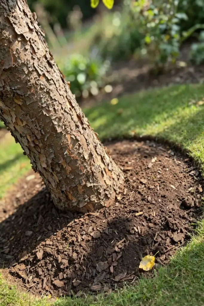 Single-trunk quince tree with a tidy mulched base and no suckers